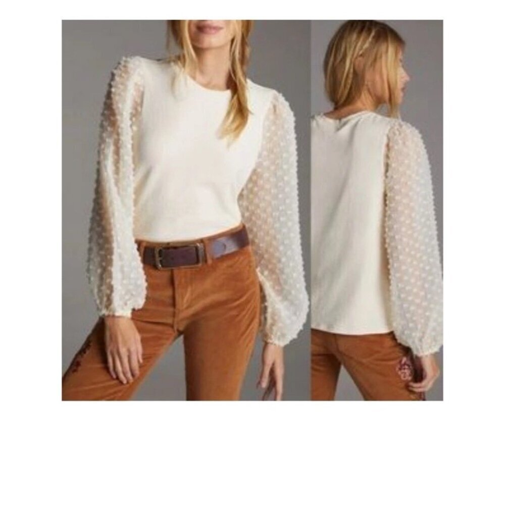 Maeve x Anthropologie Textured Sleeve Top Xxs Cream Stretch Feminine Party